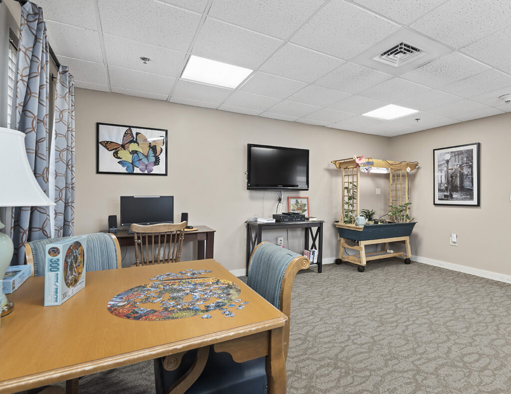 personal care lounge with tv, puzzles, computer at Lebanon Valley Home